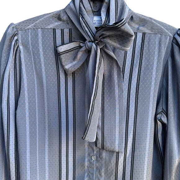 The Great American Short Story Vintage 70s Gray Striped Bow Puff Sleeve Blouse M - Picture 3 of 10